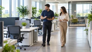 Supervisore dell'impresa di pulizie durante il sopralluogo in un ufficio per preparare il preventivo