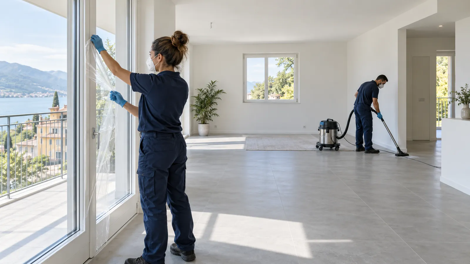 Operatori di Serenità Igiene Salute rimuovono le pellicole protettive e aspirano la polvere in un appartamento appena ristrutturato