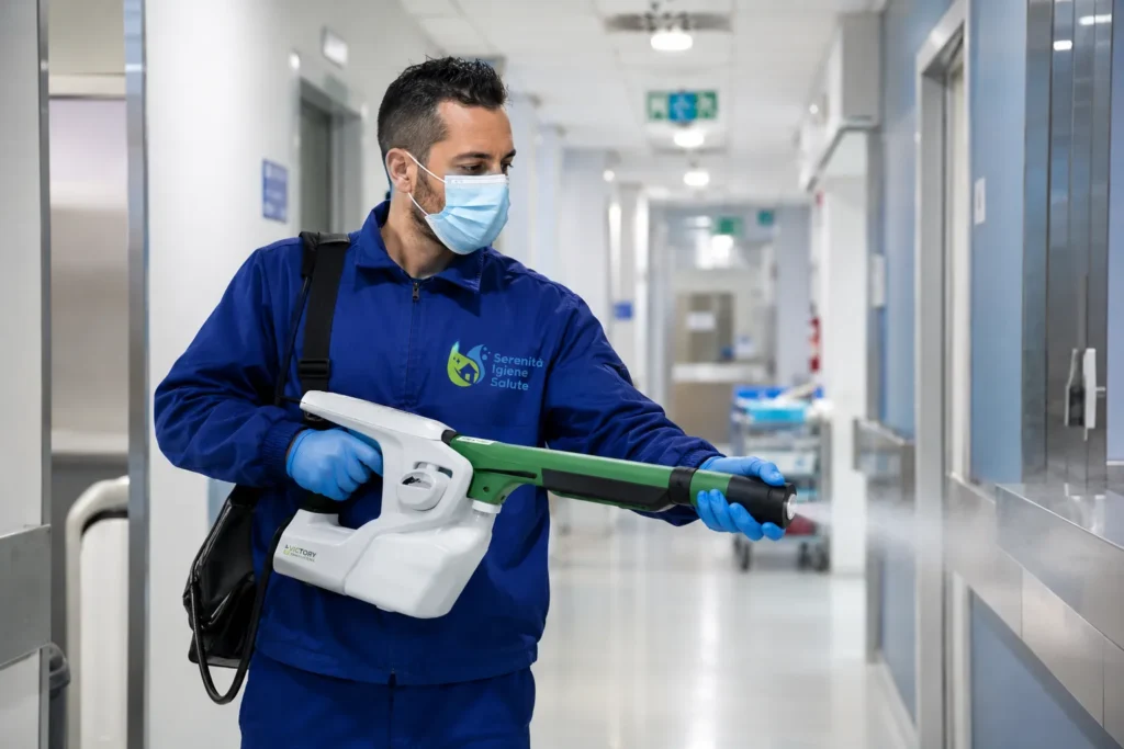 Operatore con DPI durante un intervento di sanificazione professionale a L'Aquila